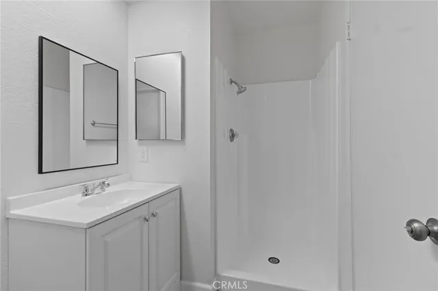 a bathroom with a shower sink and mirror