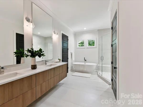 a bathroom with a tub sink and mirror