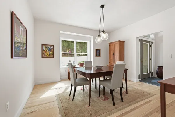 a view of a dining room with furniture window and wooden floor