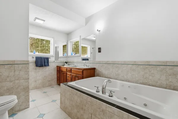 a bathroom with a tub a sink and a toilet