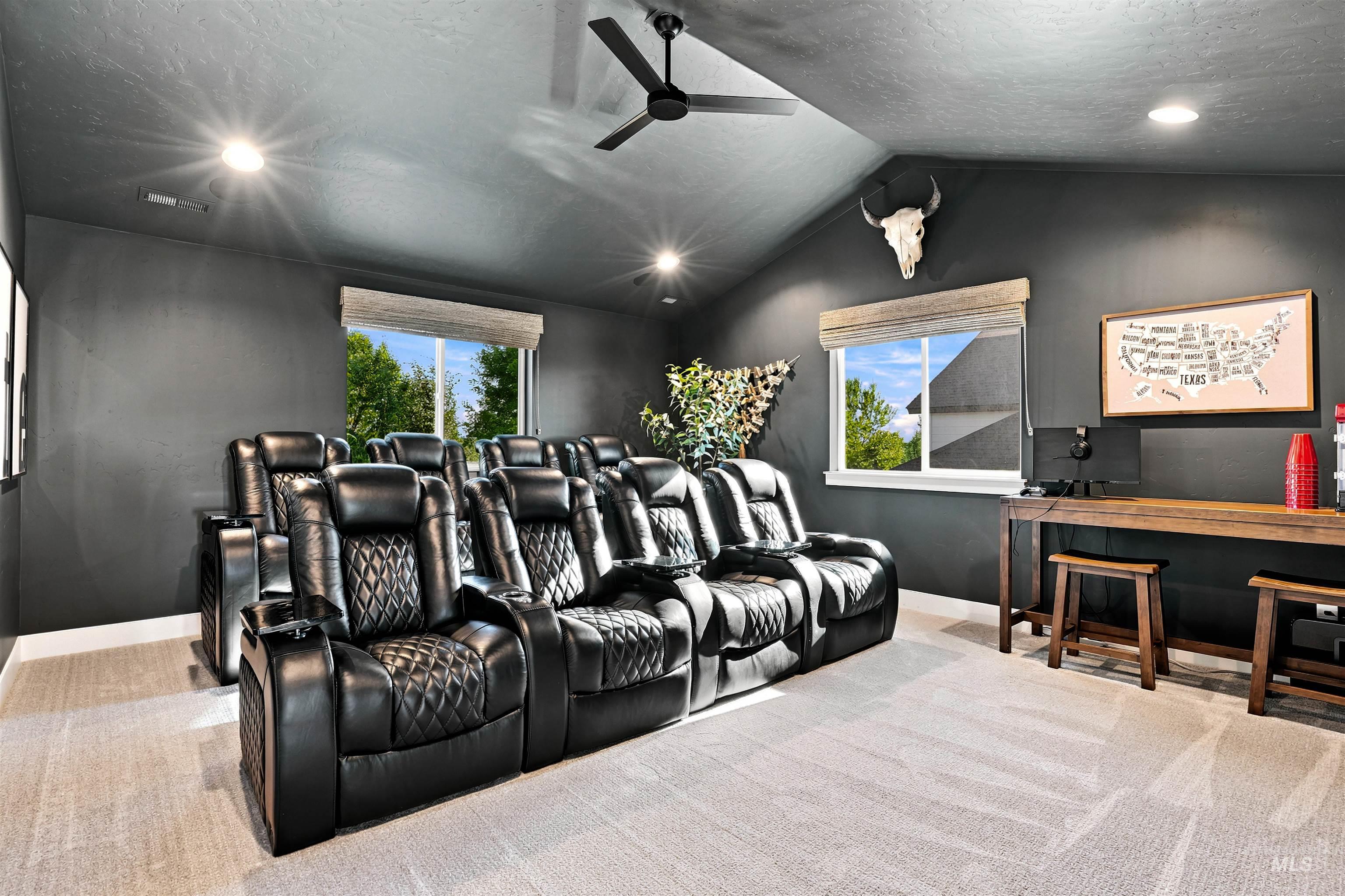 4323 West Ladle Rpds Drive Meridian, ID 83646 - Photo 24 of 49 Dedicated media room featuring recessed lighting, a ceiling fan, and sloped ceilings
