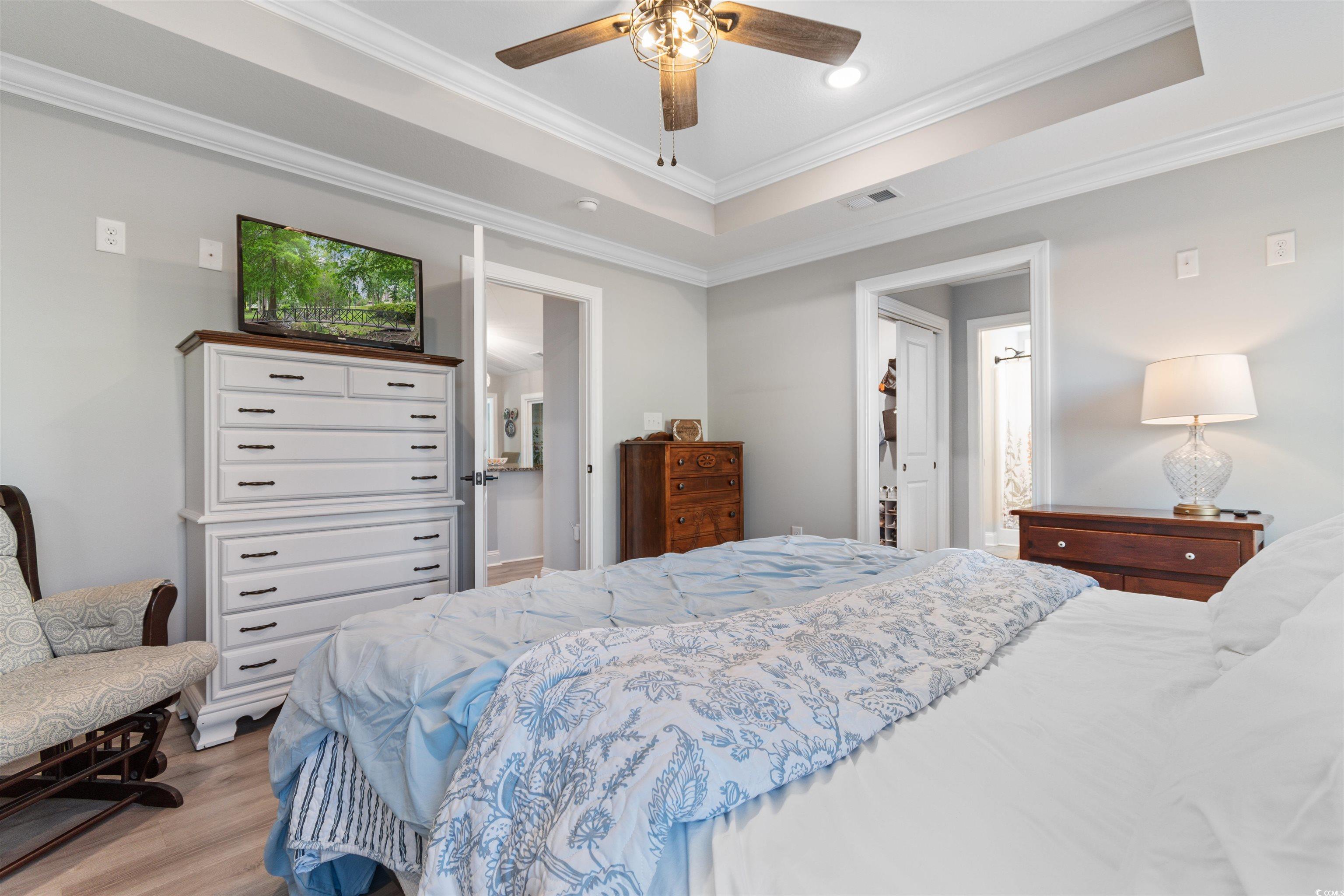 2279 Vaught Road Galivants Ferry, SC 29544 - Photo 17 of 40 Bedroom with ceiling fan, a raised ceiling, orname