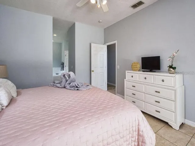 a bedroom with a bed and a flat tv screen on dresser