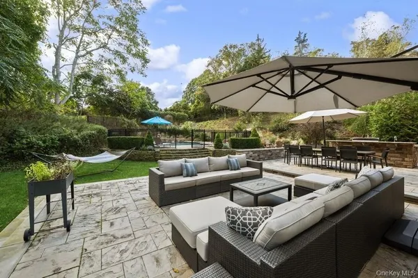 a view of a swimming pool with an outdoor space
