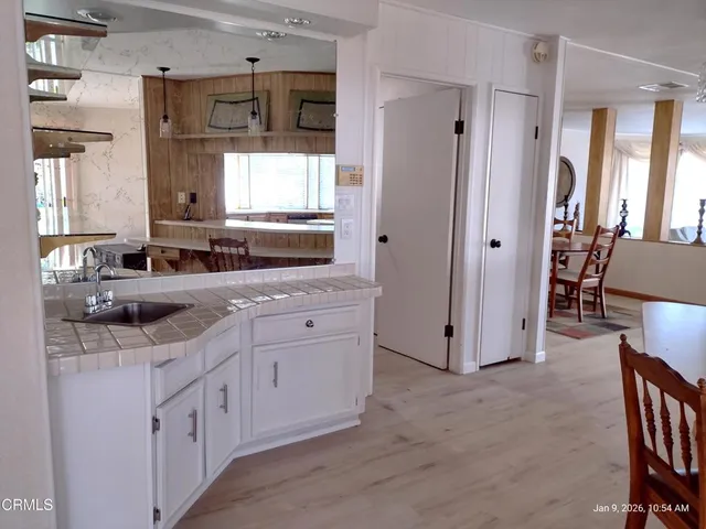 a view of a dining room with furniture