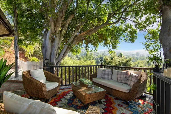 a roof deck with couches and a large tree
