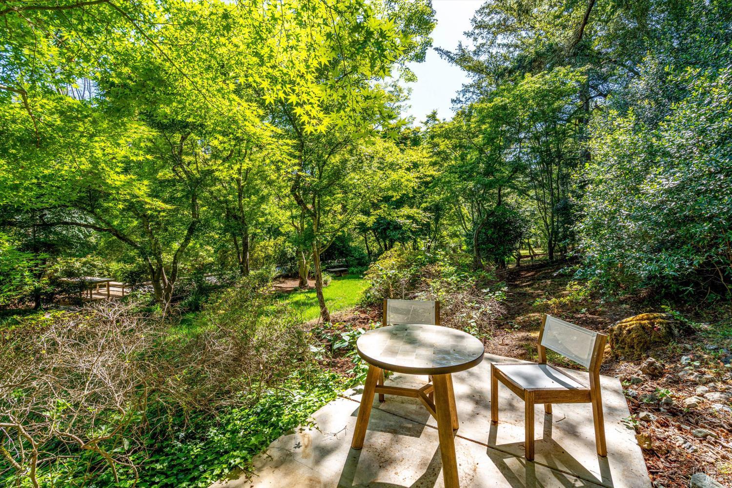 850 Conn Valley Road St. Helena, CA 94574 - Photo 57 of 79 a backyard with table and chairs with potted plants and large trees