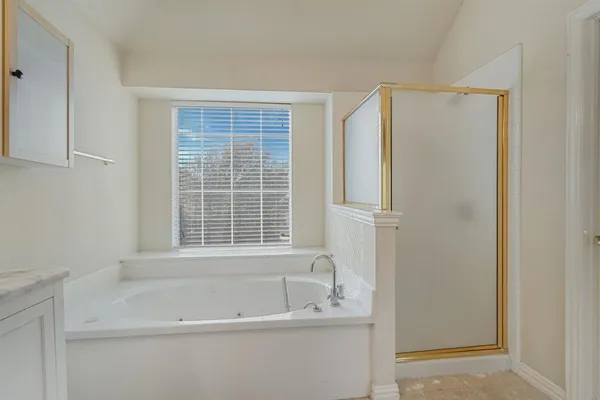 a bathroom with a bathtub and a shower