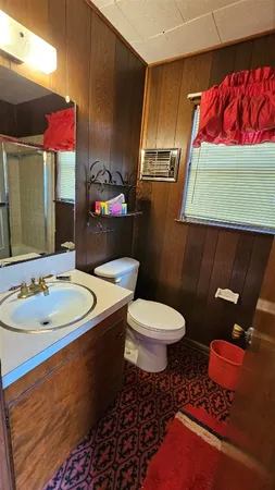 a bathroom with a sink toilet and mirror