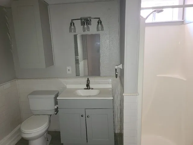 a bathroom with a toilet sink vanity and mirror