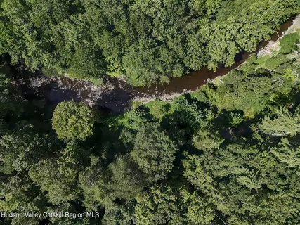 a backyard of a house with large trees and plants
