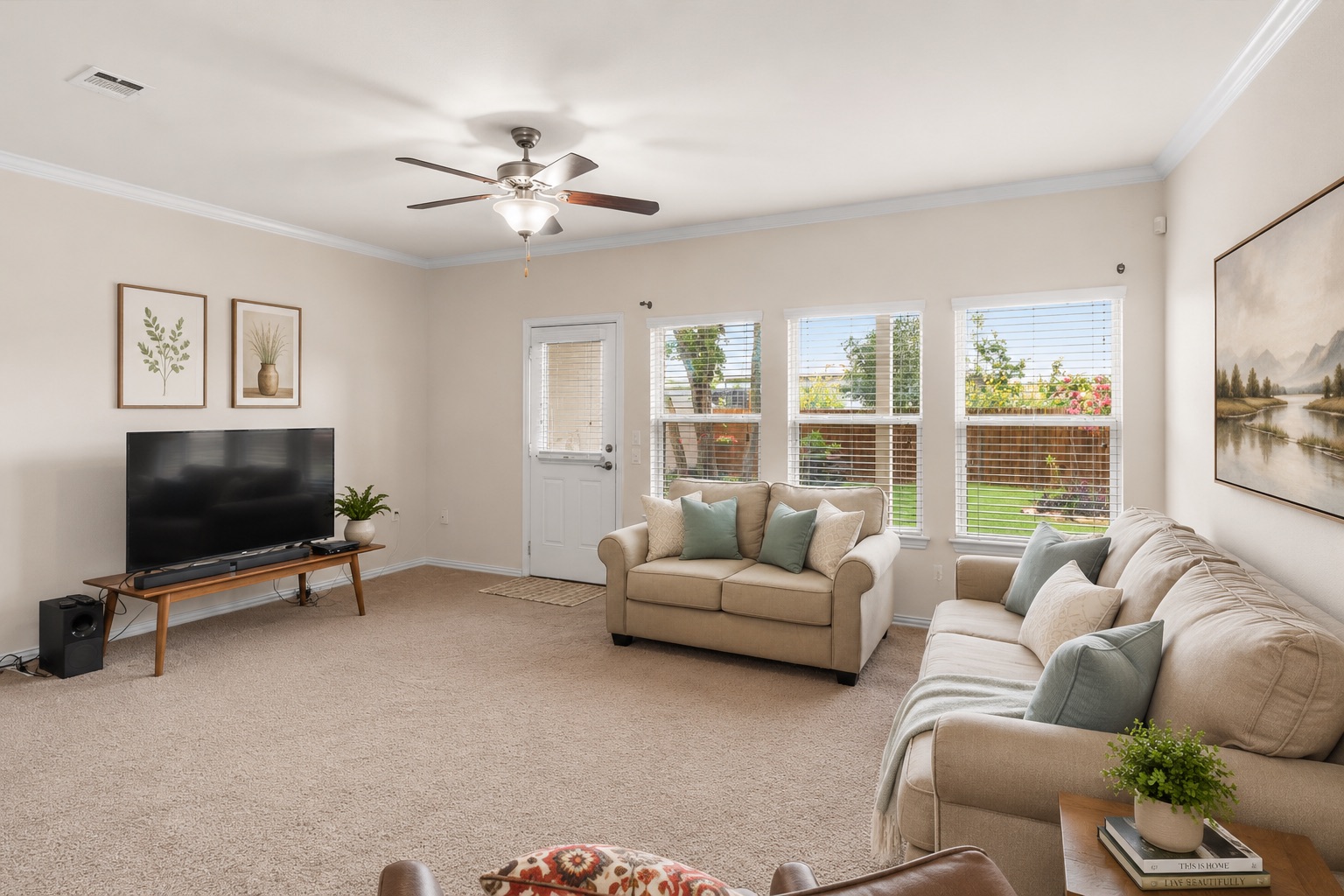 10413 Crescendo Lane Austin, TX 78747 - Photo 11 of 32 A comfortable living space boasts plush carpet, a ceiling fan, and large windows with outdoor views.