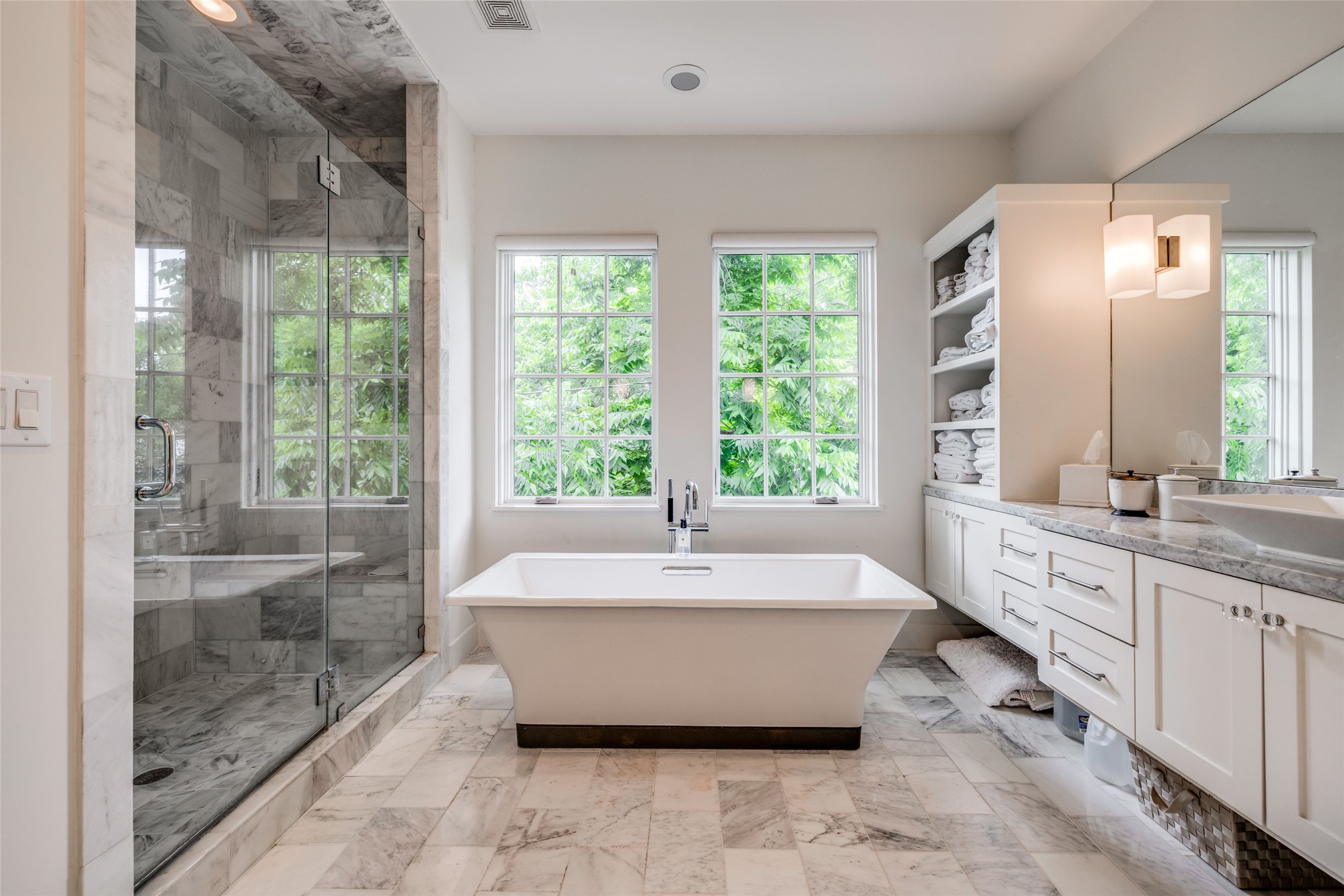 2815 Albans Road Houston, TX 77005 - Photo 38 of 50 Fabulous Spacious Primary Bathroom with high end marble counters, stand alone bath & large spacious Shower with marble time