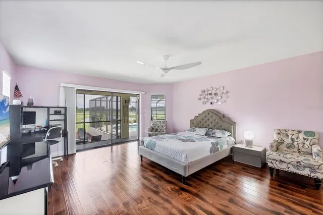 a spacious bedroom with a bed and wooden floor