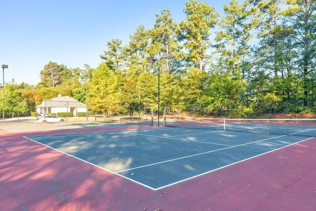 a view of yard with large trees