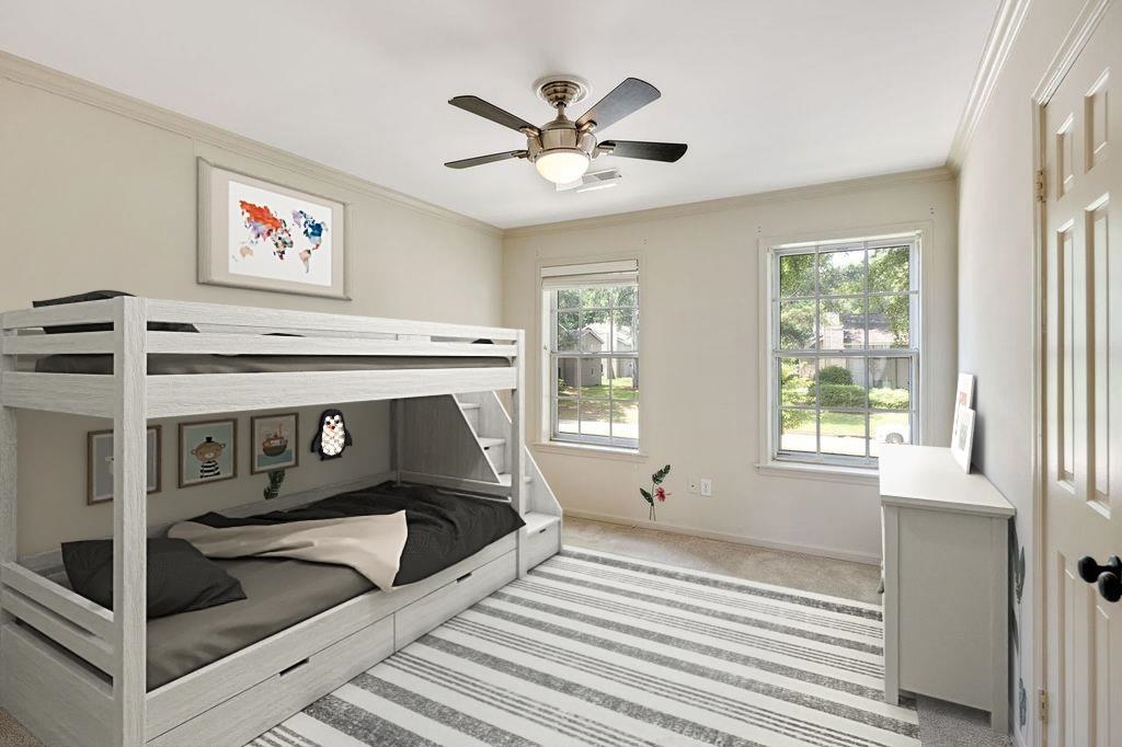 1836 Kimbrough Road Germantown, TN 38138 - Photo 12 of 17 Carpeted bedroom featuring ornamental molding and ceiling fan