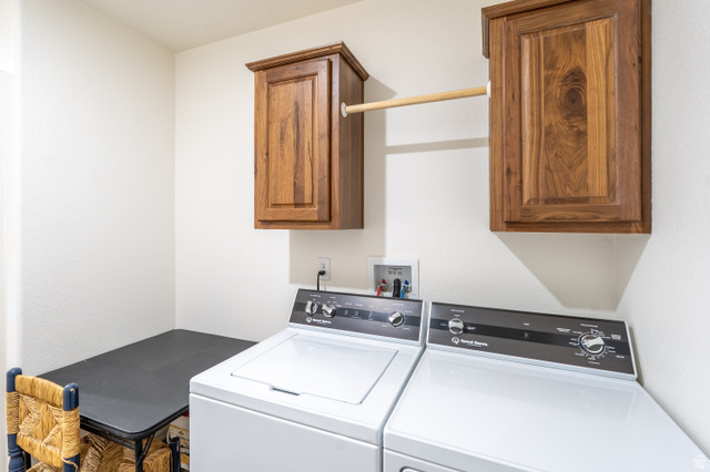700 East Peter Springs Road Monticello, UT 84535 - Photo 31 of 57 Dedicated laundry area featuring overhead wood-finish cabinetry, a built-in hanging rod, and white appliances