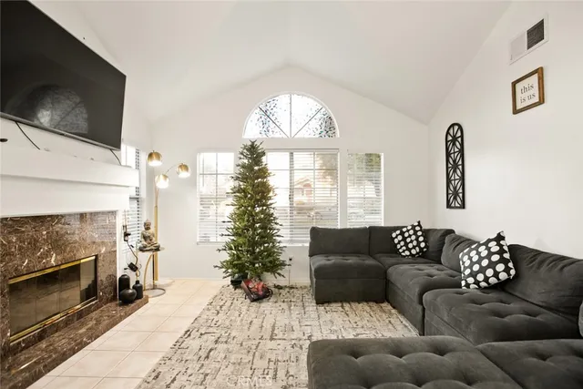 a living room with furniture a flat screen tv and a fireplace