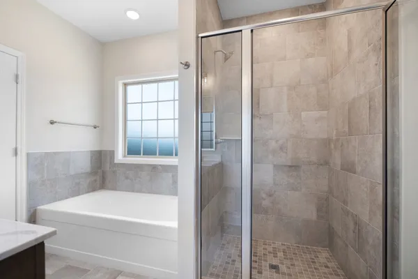 a bathroom with a bathtub and a shower