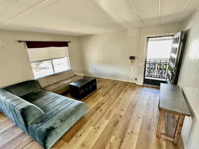 a living room with a couch wooden floor and a fireplace