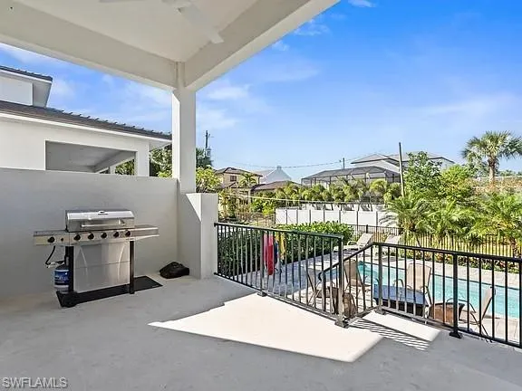 a balcony with furniture