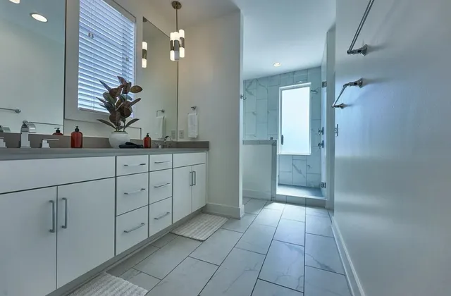 a bathroom with a double vanity sink mirror and shower