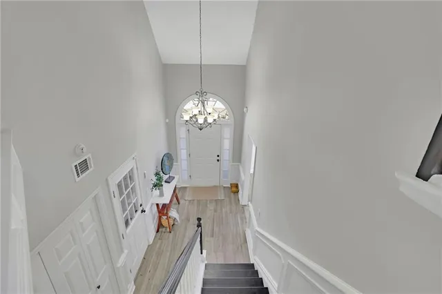 a view of a chandelier in a room