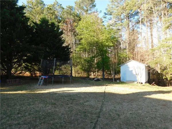 a view of a playground with a plants and trees