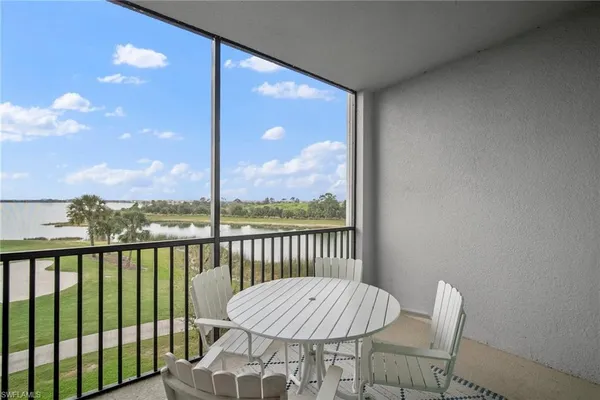 a view of a balcony with a table