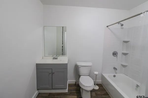 a bathroom with a sink toilet vanity and shower