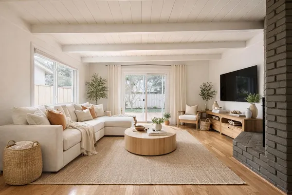 a view of an empty room with wooden floor and a fireplace