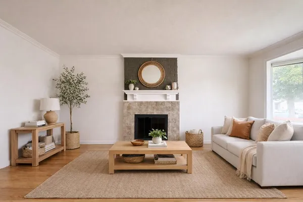 a living room with furniture and a fireplace
