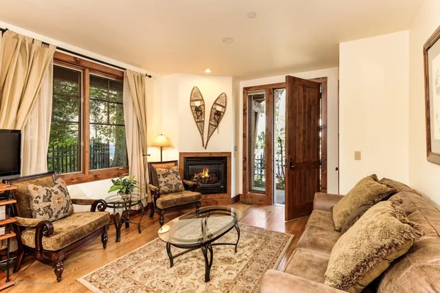 a living room with furniture a fireplace and a floor to ceiling window