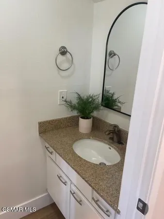 a bathroom with a granite countertop sink a mirror and a potted plant