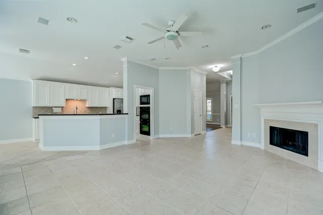 a living room with a fireplace