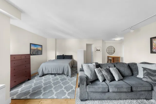 a spacious bedroom with a bed a couch and a dresser