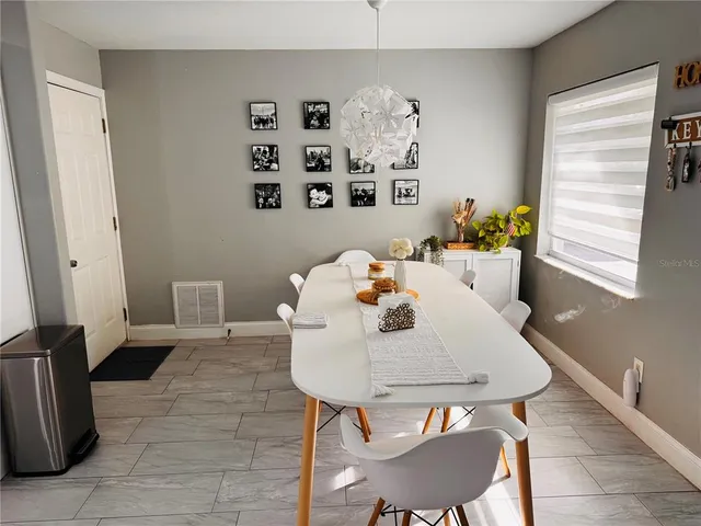 a view of a dining room with furniture and window