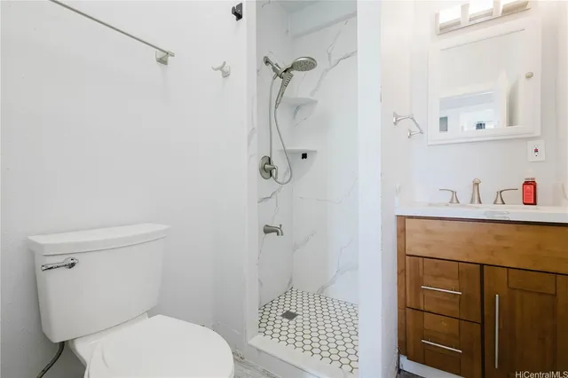 a bathroom with a granite countertop shower and a toilet
