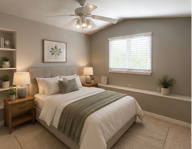 423 South Main Street Lockhart, TX 78644 - Photo 16 of 26 Bedroom featuring a vaulted ceiling and a ceiling fan with integrated lighting