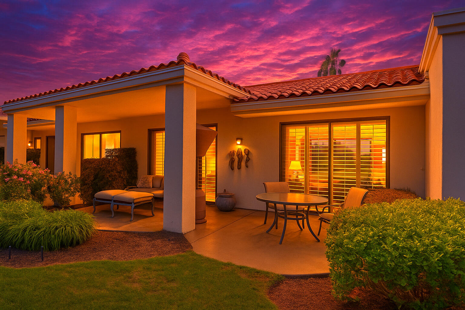 54860 Inverness Way La Quinta, CA 92253 - Photo 1 of 26 a view of a patio with table and chairs with wooden floor and fence