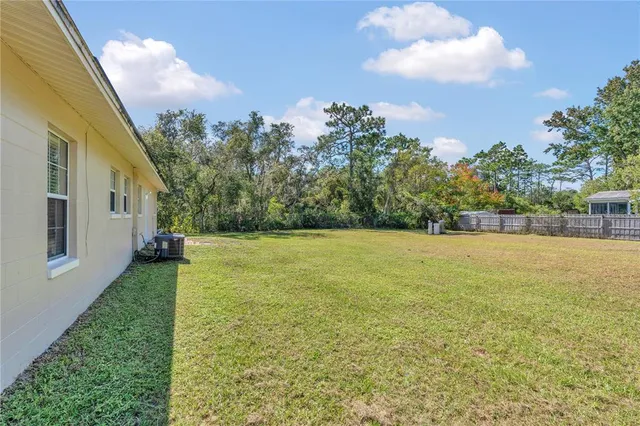 a view of yard with large trees
