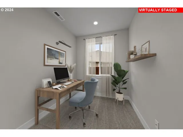 a workspace with furniture and wooden floor