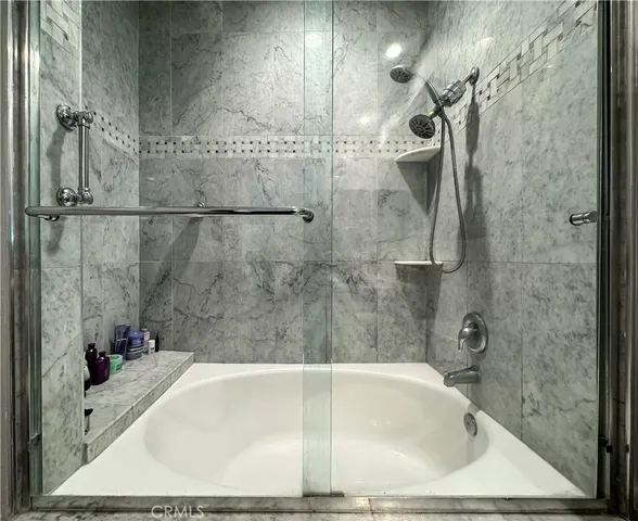 a bathroom with a bathtub