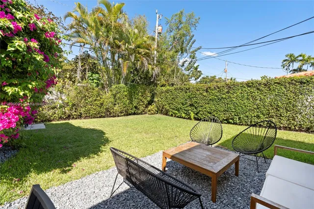 a view of a chairs and table in the garden
