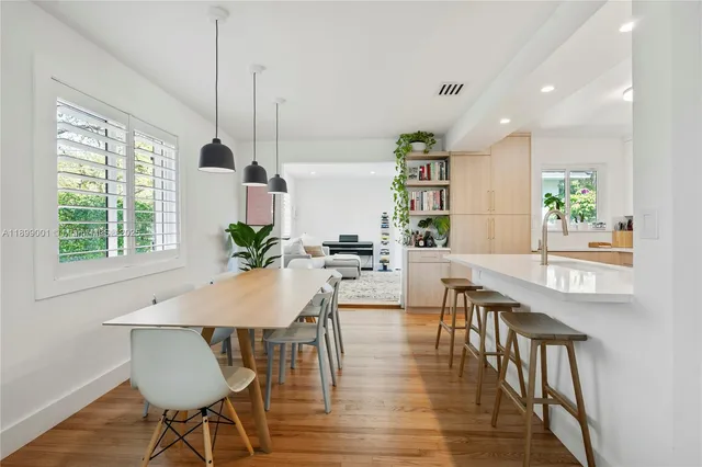 a view of a dining room with furniture window and wooden floor
