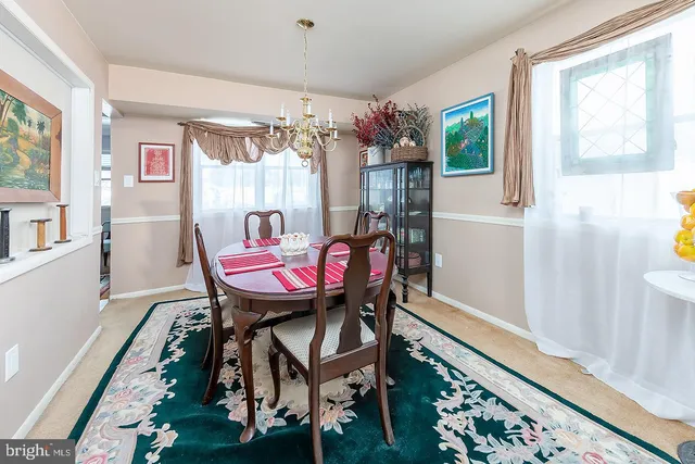 a view of a dining room with furniture and window