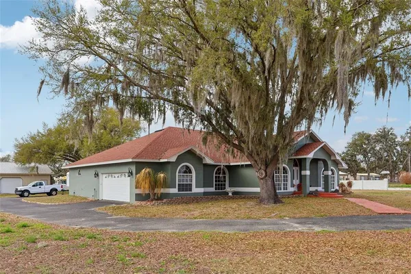 a front view of a house with a yard and large trees