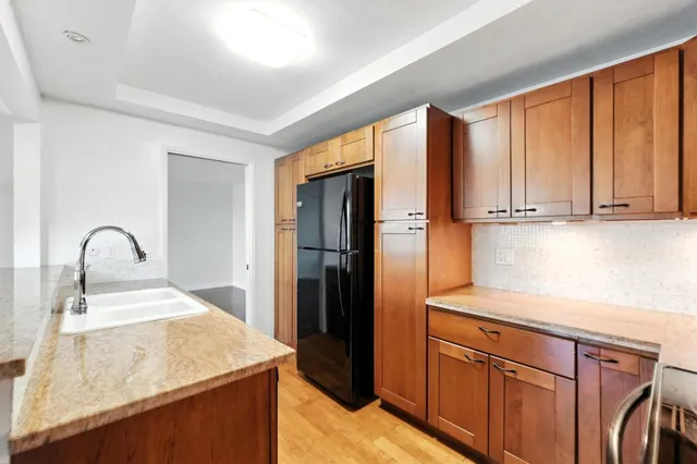 a kitchen with stainless steel appliances granite countertop a refrigerator and a sink