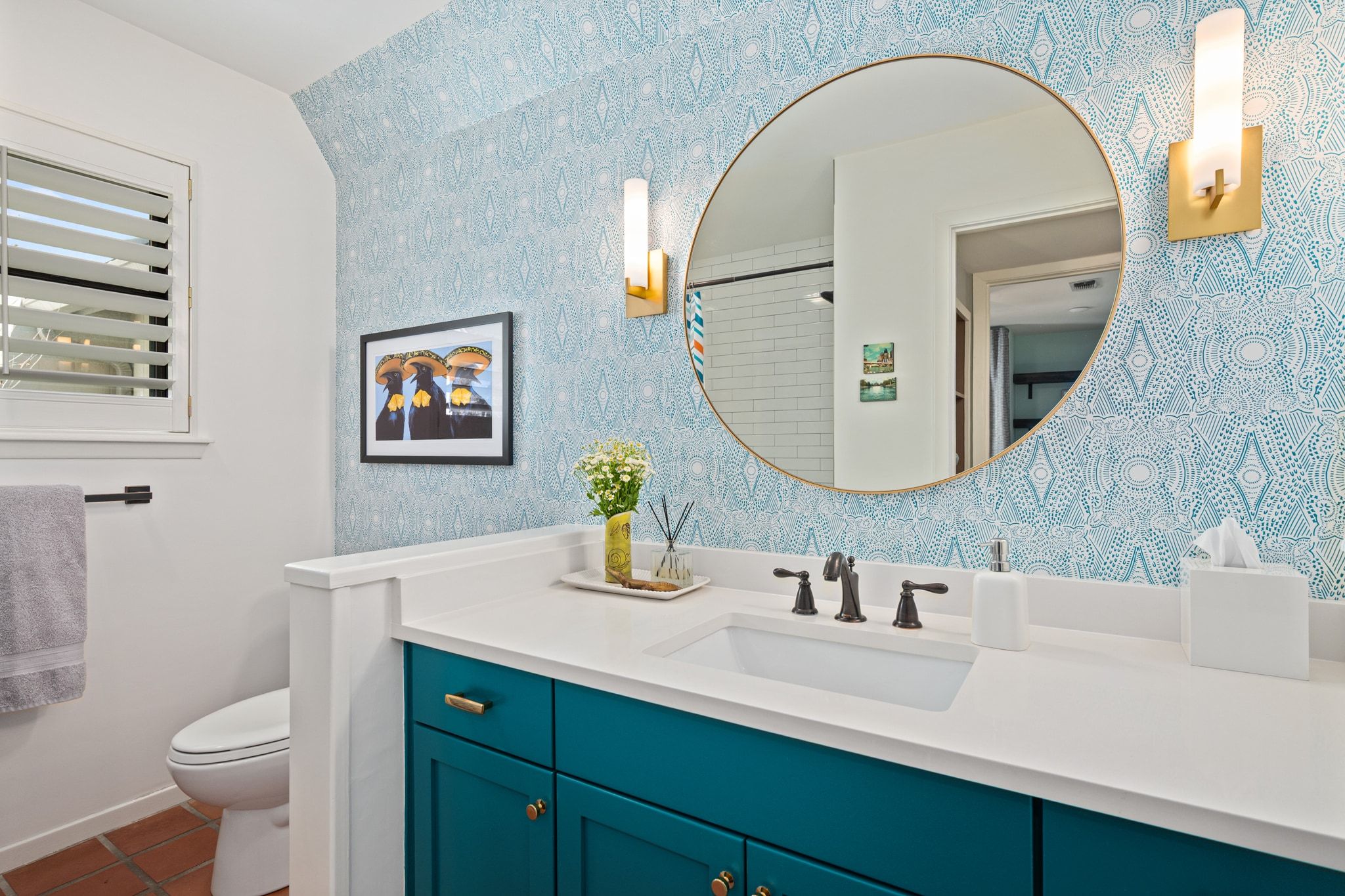4503 Mountain Path Drive Austin, TX 78759 - Photo 24 of 36 Stylish main level bath with hip wallpaper accents and saltillo flooring