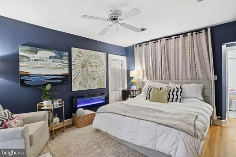 a bedroom with a bed and furniture